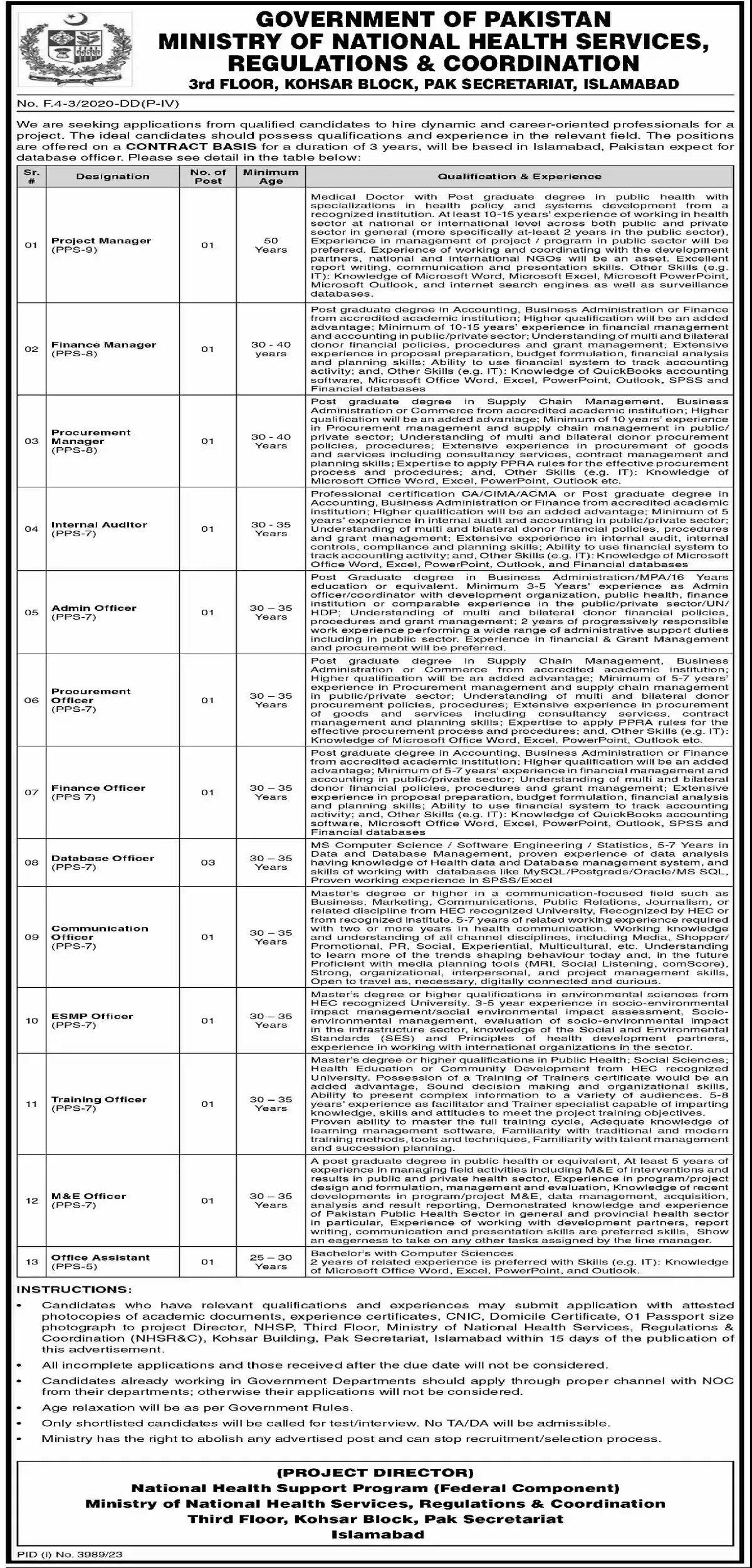 New Jobs in Ministry of National Health Services 2024 NIH Jobs 2024 Online Apply