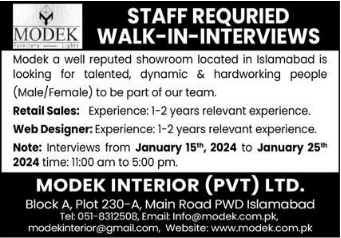 Modek Interior (Pvt) Ltd Jobs in 2024 - Modek Interior (Pvt) Ltd Jobs advertisement