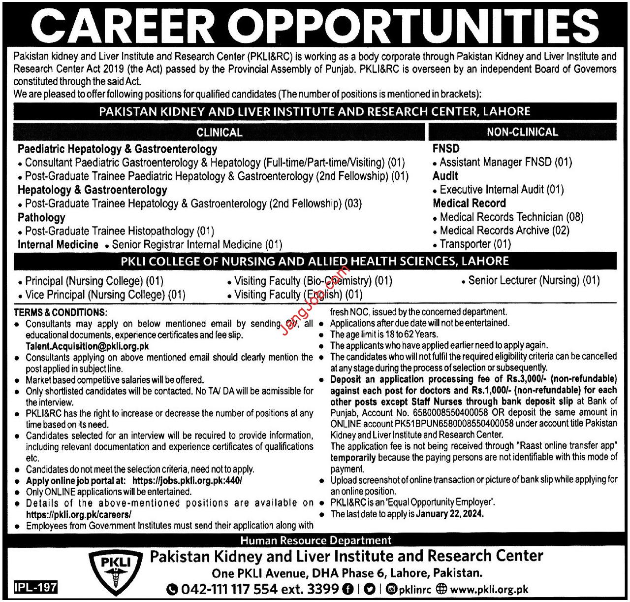 New Pakistan Kidney Liver Institute Job In 2024 | PKLI Jobs In 2024 - Online Apply