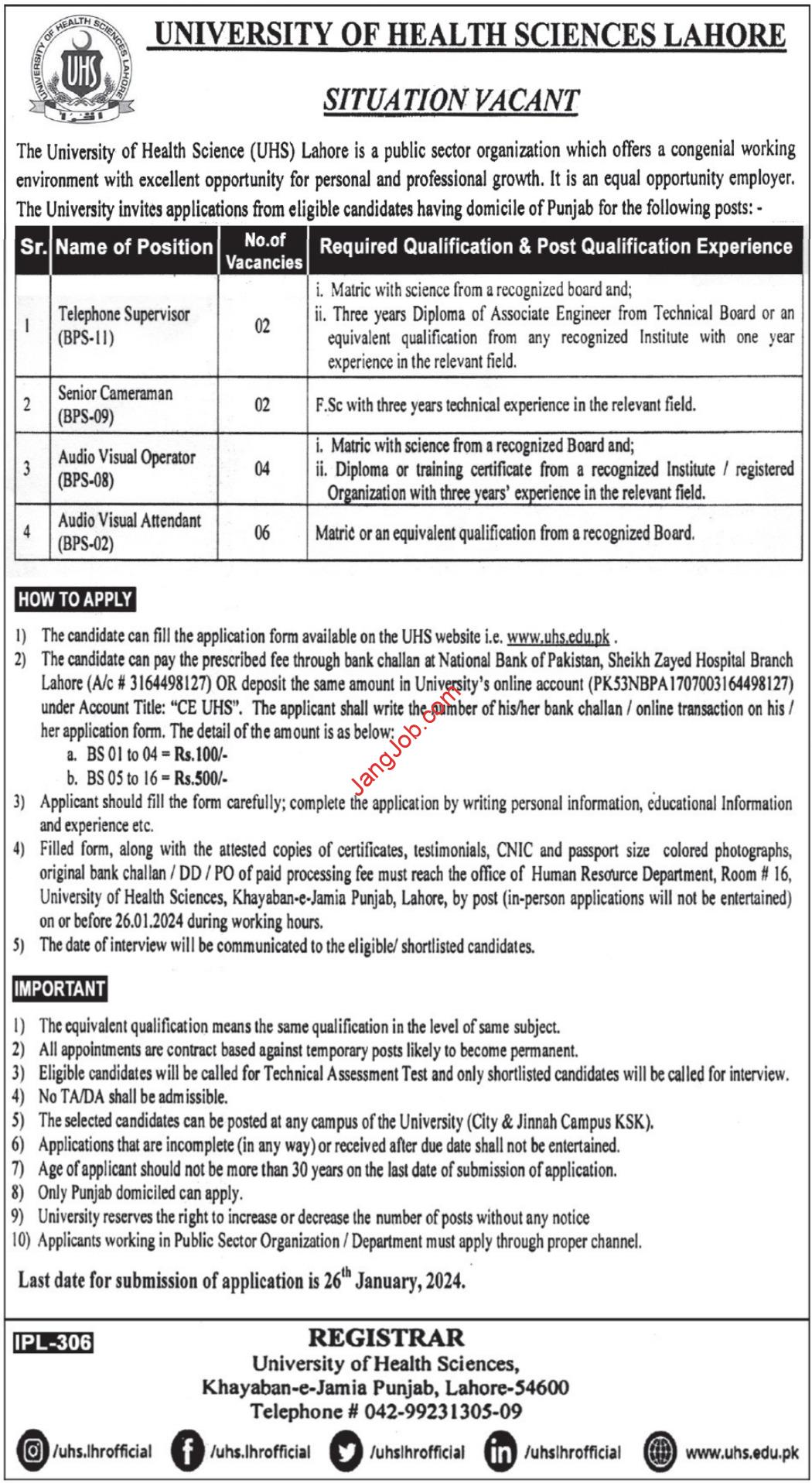 University of Health Sciences Lahore Jobs